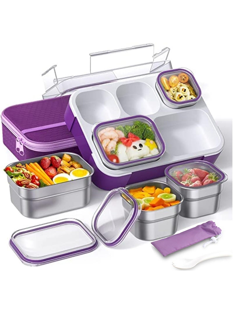 Kids School Stainless Steel Lunch Box Insulated Bento Lunch Box with Cutlery and Bag 5 Compartments Divided Lunch Container with Lid  (Purple 1000ML) - Image 1