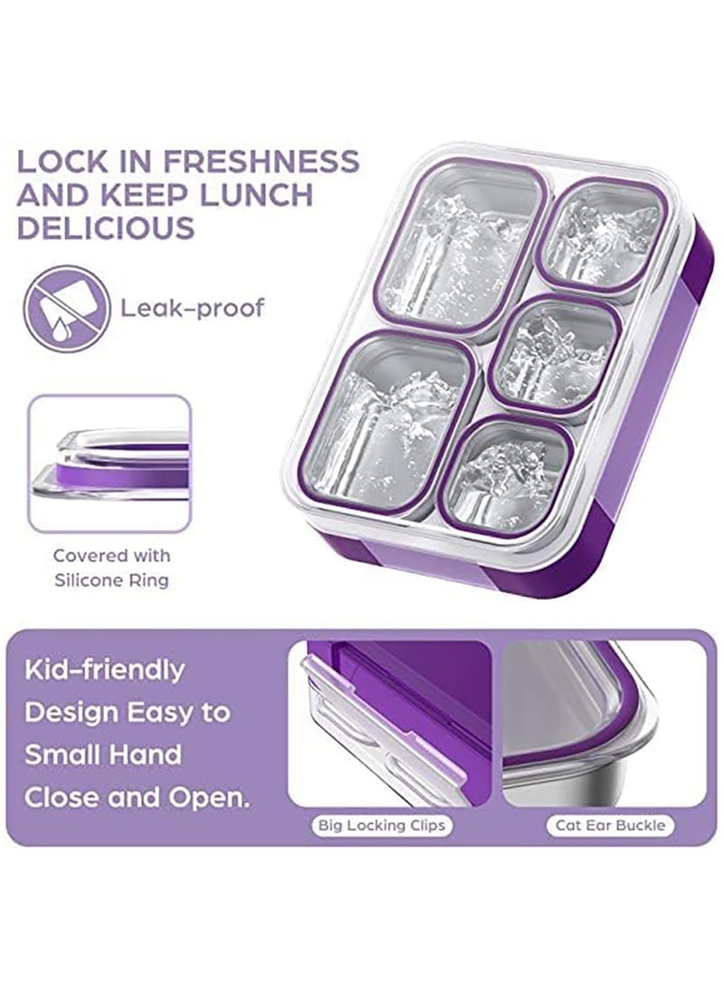 Kids School Stainless Steel Lunch Box Insulated Bento Lunch Box with Cutlery and Bag 5 Compartments Divided Lunch Container with Lid  (Purple 1000ML) - Image 4