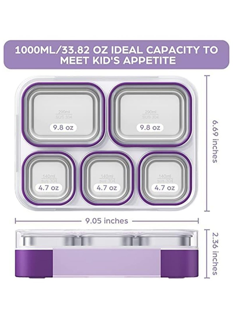 Kids School Stainless Steel Lunch Box Insulated Bento Lunch Box with Cutlery and Bag 5 Compartments Divided Lunch Container with Lid  (Purple 1000ML) - Image 2