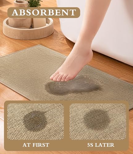 YIHOUSE Bathroom Rugs Sets 3 Pieces, Beige Ultra Thin Bath Mats Fit Under Door, Absorbent Quickly Dry Rubber Backing Braided Bath Mat Set, Non Slip Washable Bath Rugs for Bathroom Floor, Beige - Image 3