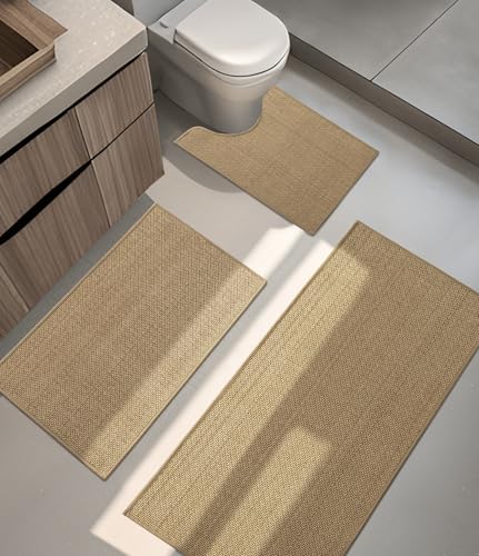YIHOUSE Bathroom Rugs Sets 3 Pieces, Beige Ultra Thin Bath Mats Fit Under Door, Absorbent Quickly Dry Rubber Backing Braided Bath Mat Set, Non Slip Washable Bath Rugs for Bathroom Floor, Beige - Image 1