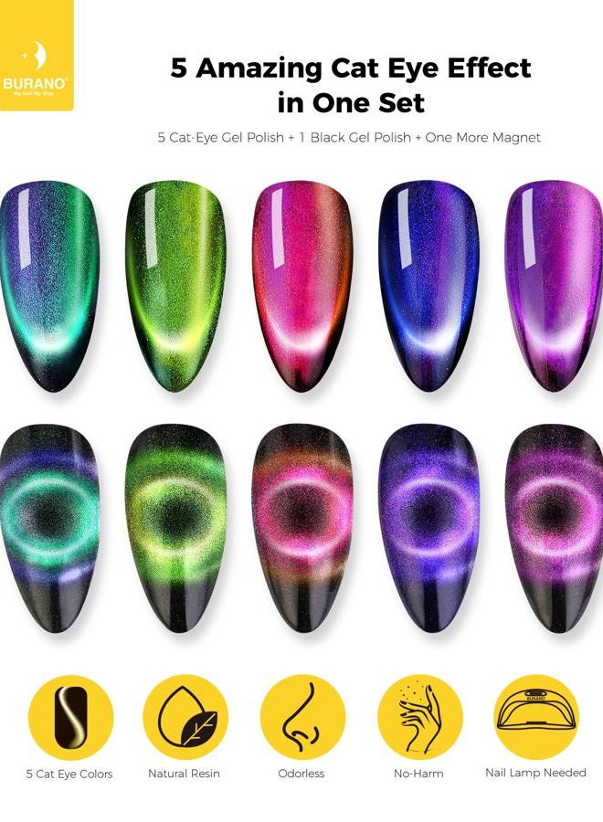 BURANO 9D - Magnetic 6 Colors Set Holographic Cats Eyes Gel Nail Polish Gel with Magnet Stick Set Cateye Soak Off UV LED Gel (Black) - Image 4