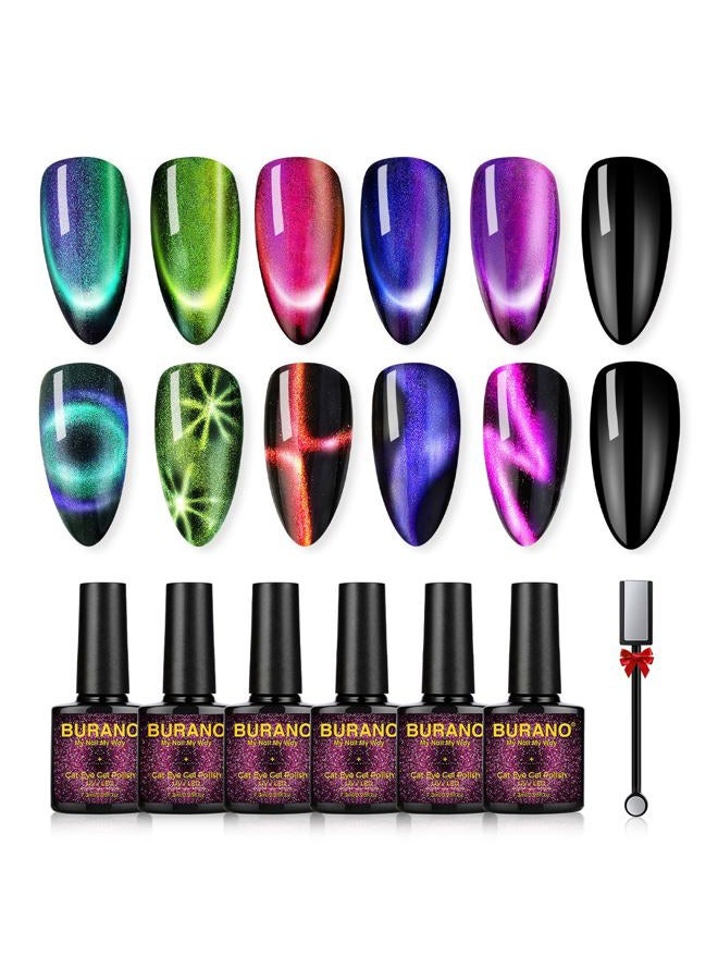 BURANO 9D - Magnetic 6 Colors Set Holographic Cats Eyes Gel Nail Polish Gel with Magnet Stick Set Cateye Soak Off UV LED Gel (Black) - Image 1