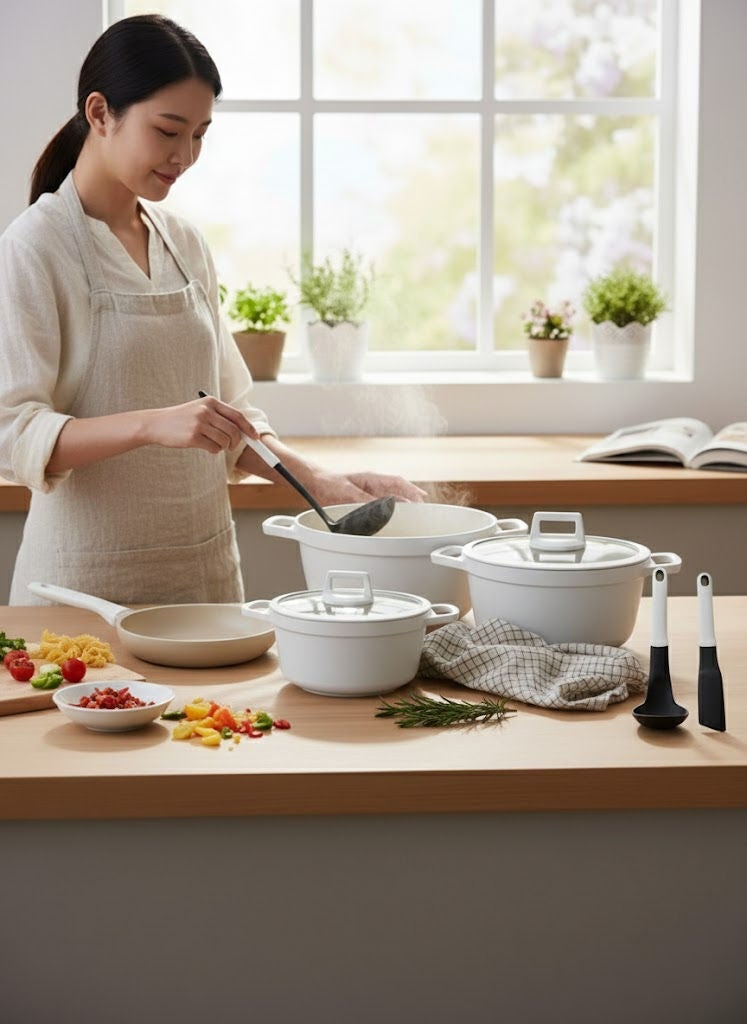 PROCILA 9-Piece Cast Aluminium Non-Stick Cookware Set Beige, Set Includes: 28cm Casserole, 24cm Casserole, 20cm Casserole, 26cm Frypan, 2pcs Kitchen Tools - Image 2