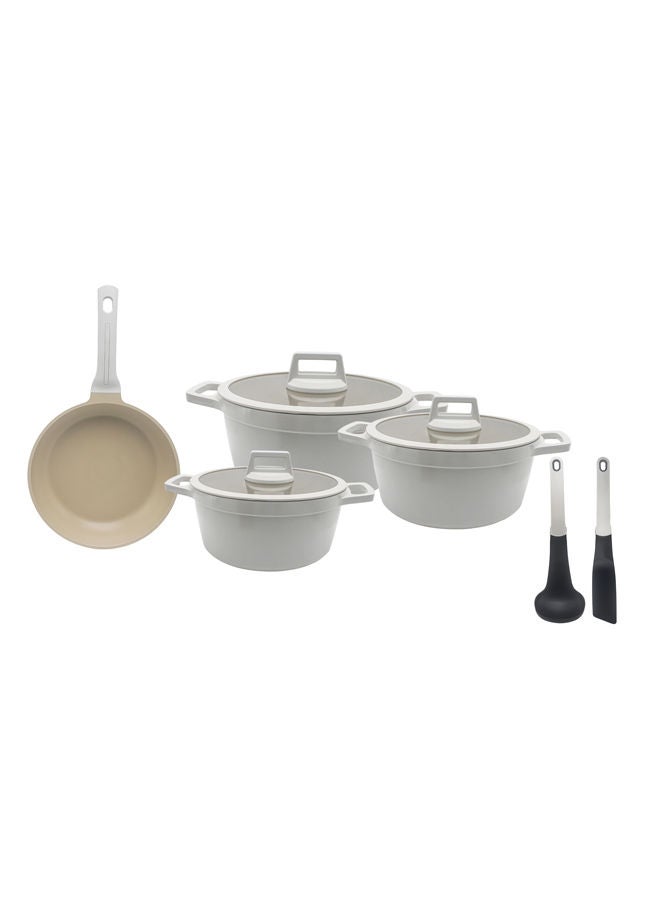 PROCILA 9-Piece Cast Aluminium Non-Stick Cookware Set Beige, Set Includes: 28cm Casserole, 24cm Casserole, 20cm Casserole, 26cm Frypan, 2pcs Kitchen Tools - Image 3