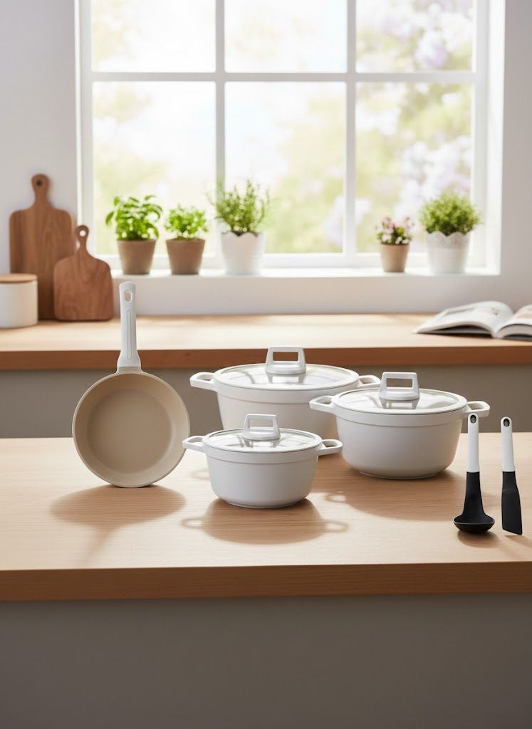 PROCILA 9-Piece Cast Aluminium Non-Stick Cookware Set Beige, Set Includes: 28cm Casserole, 24cm Casserole, 20cm Casserole, 26cm Frypan, 2pcs Kitchen Tools - Image 1