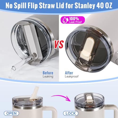 ANTAND 40oz Flip Straw Leak Proof Lid for Stanley Cup Accessories, 2 Pack No Spill Lid Replacement 40 oz Tumbler Detachable Cover Topper for Stanley Protour Lids(Quartz,Quartz) - Image 2