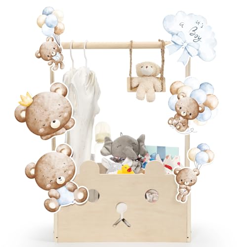 Cinnvoice Baby Shower Bear Gift Baskets with Hanger Rack Wooden Crate Closet Bear Cards Decoration Crate for Baby Boys Girls Pregnancy New Parent GiftsBlueIts A Boy - Image 1