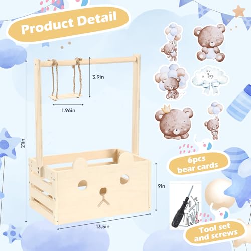 Cinnvoice Baby Shower Bear Gift Baskets with Hanger Rack Wooden Crate Closet Bear Cards Decoration Crate for Baby Boys Girls Pregnancy New Parent GiftsBlueIts A Boy - Image 3
