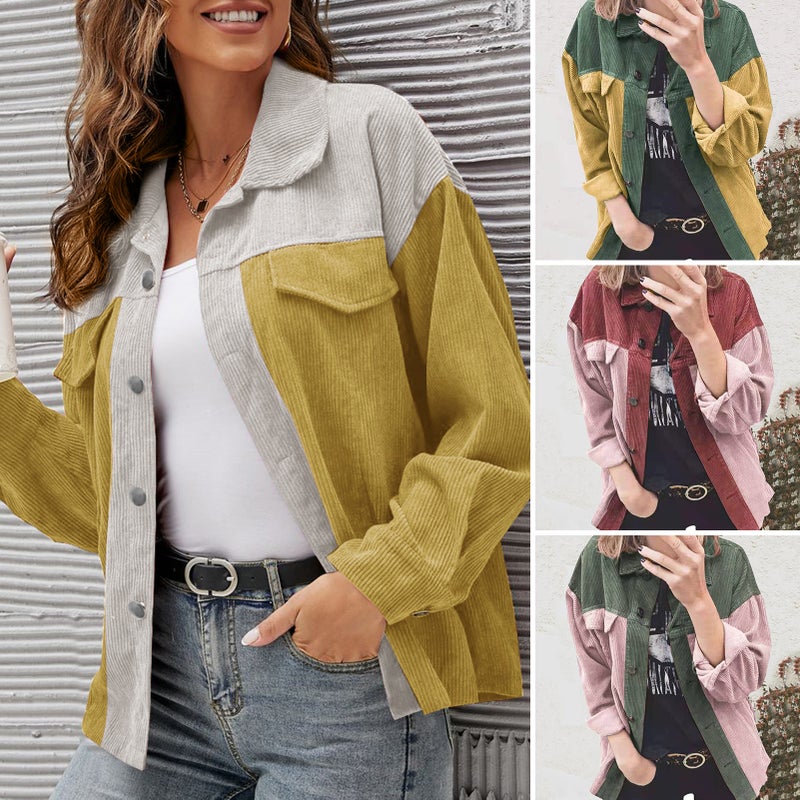 Women Corduroy Shirts Loose Buttons Splicing Color Long Sleeve Vintage Jackets - Image 4