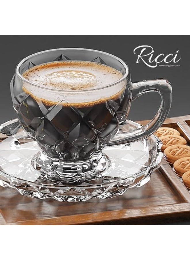 Ricci Glass Tea cup and Saucer Set, 220ml - 6 Pack Coffee Mug, Turkish Tea Cup Glasses and Saucers, Cups for Cappuccino Latte Café Mocha Tea and More Beverage - Image 4