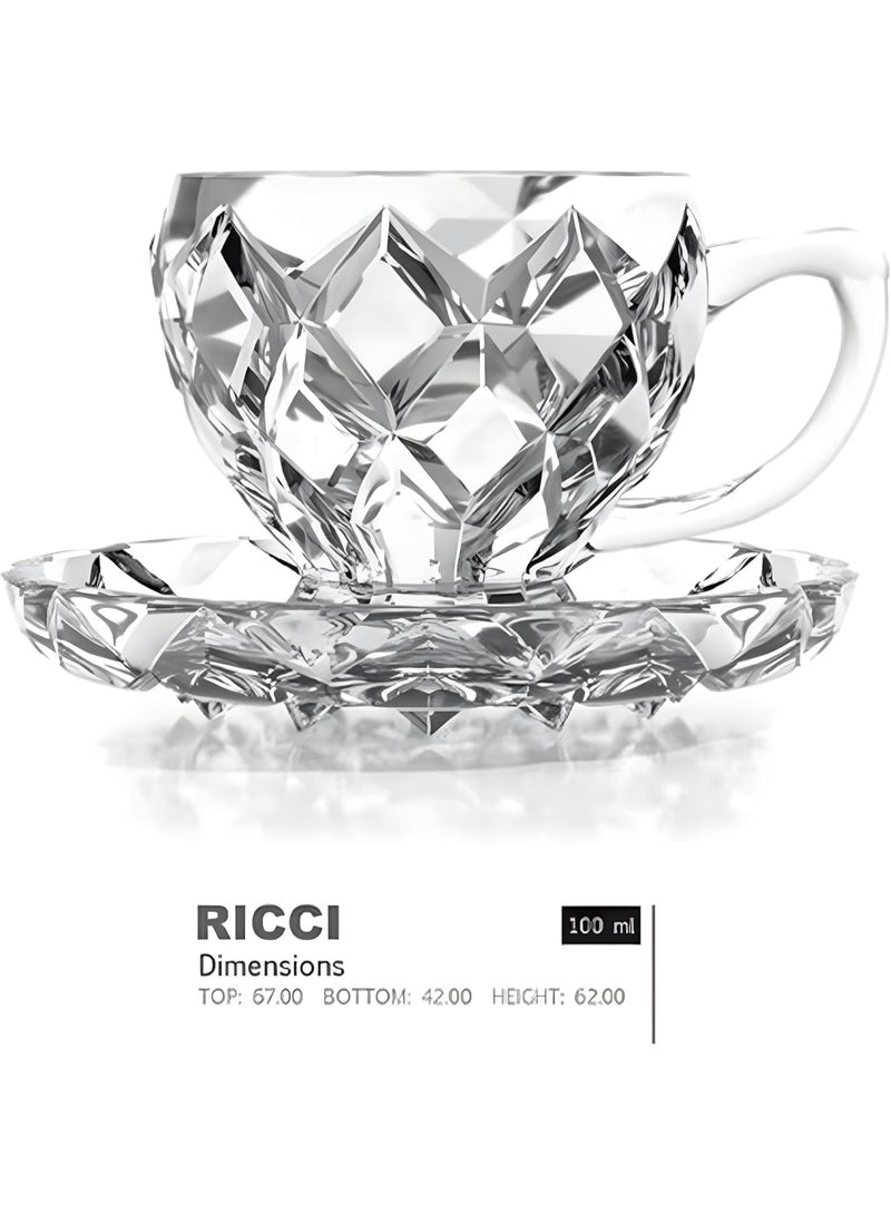 Ricci Glass Tea cup and Saucer Set, 220ml - 6 Pack Coffee Mug, Turkish Tea Cup Glasses and Saucers, Cups for Cappuccino Latte Café Mocha Tea and More Beverage - Image 2