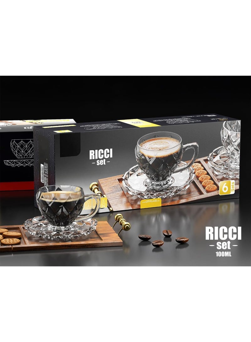 Ricci Glass Tea cup and Saucer Set, 220ml - 6 Pack Coffee Mug, Turkish Tea Cup Glasses and Saucers, Cups for Cappuccino Latte Café Mocha Tea and More Beverage - Image 3
