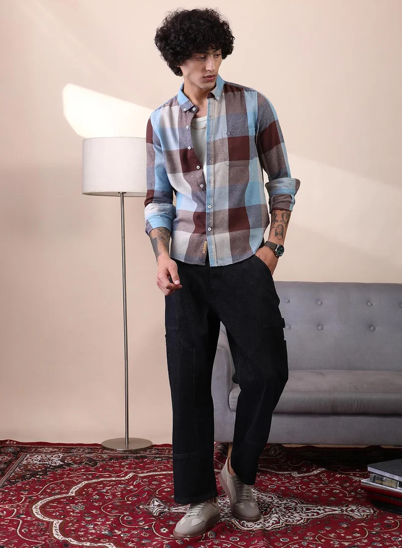 Campus Sutra Campus Sutra Men's Chocolate Brown & Powder Blue Buffalo-Block Regular Shirt For Casual Wear | Spread Collar | Long Cuffed Sleeves | Button Closure | Shirt Crafted With Comfort Fit For Everyday Wear