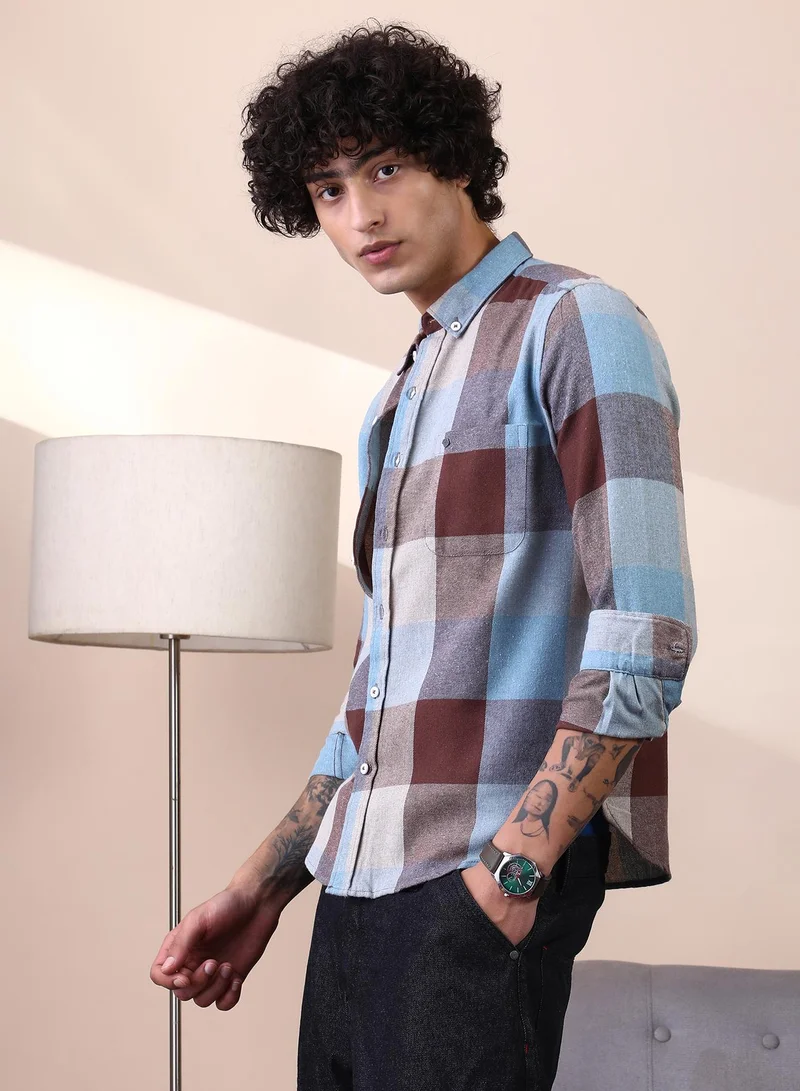 Campus Sutra Campus Sutra Men's Chocolate Brown & Powder Blue Buffalo-Block Regular Shirt For Casual Wear | Spread Collar | Long Cuffed Sleeves | Button Closure | Shirt Crafted With Comfort Fit For Everyday Wear