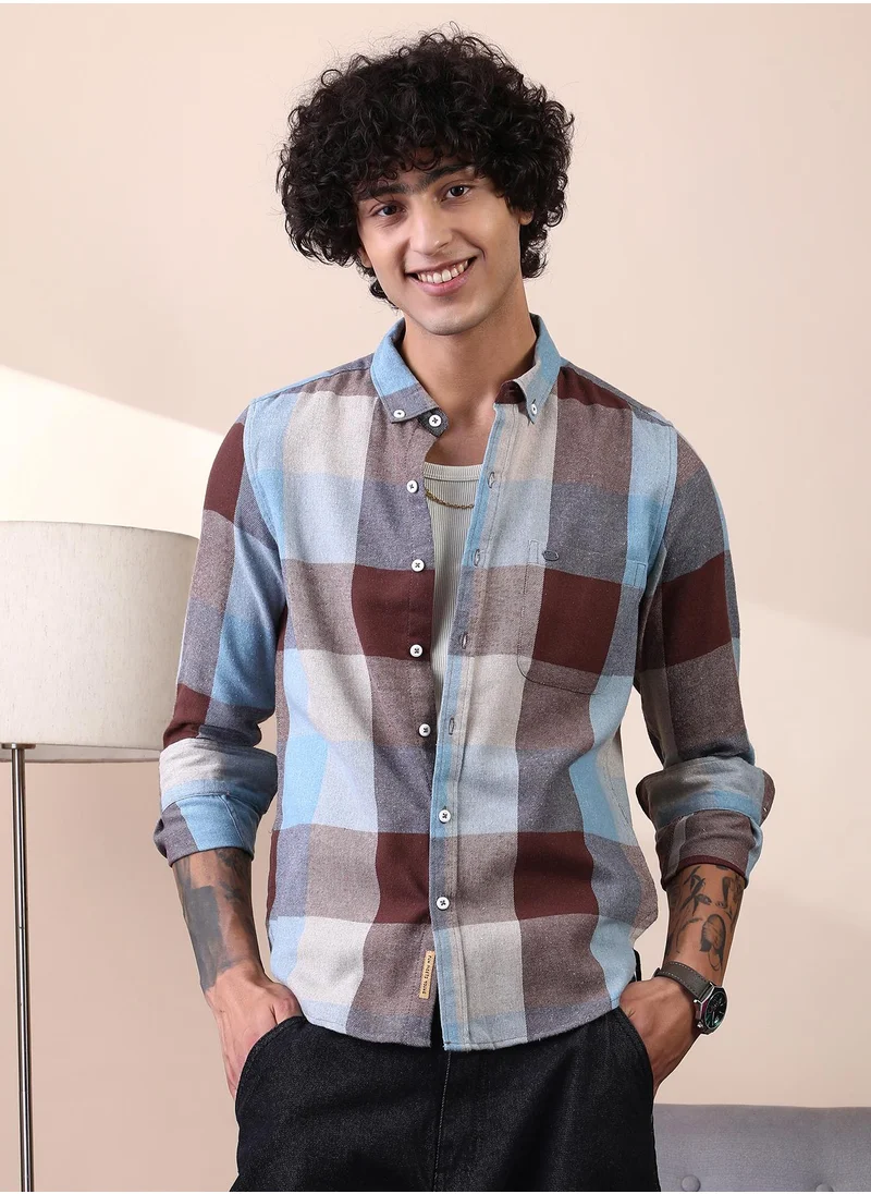 كامبوس سوترا Campus Sutra Men's Chocolate Brown & Powder Blue Buffalo-Block Regular Shirt For Casual Wear | Spread Collar | Long Cuffed Sleeves | Button Closure | Shirt Crafted With Comfort Fit For Everyday Wear