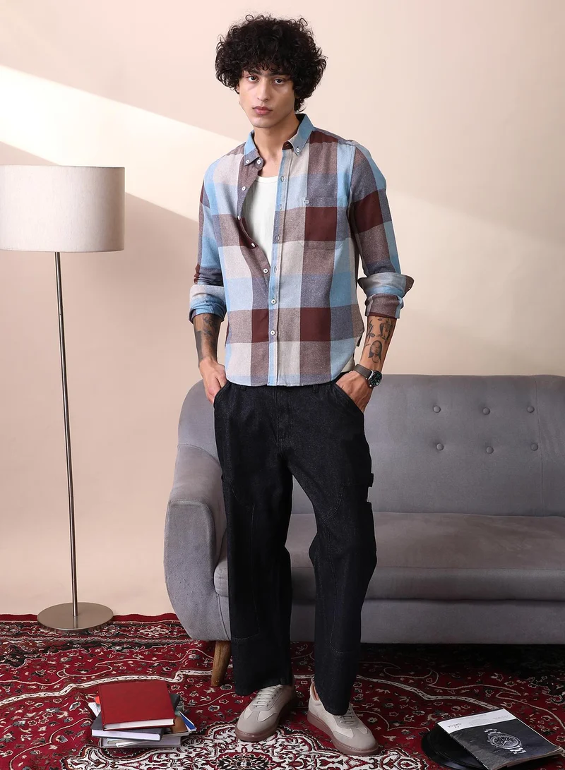 Campus Sutra Campus Sutra Men's Chocolate Brown & Powder Blue Buffalo-Block Regular Shirt For Casual Wear | Spread Collar | Long Cuffed Sleeves | Button Closure | Shirt Crafted With Comfort Fit For Everyday Wear