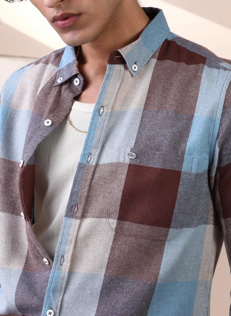 Campus Sutra Campus Sutra Men's Chocolate Brown & Powder Blue Buffalo-Block Regular Shirt For Casual Wear | Spread Collar | Long Cuffed Sleeves | Button Closure | Shirt Crafted With Comfort Fit For Everyday Wear