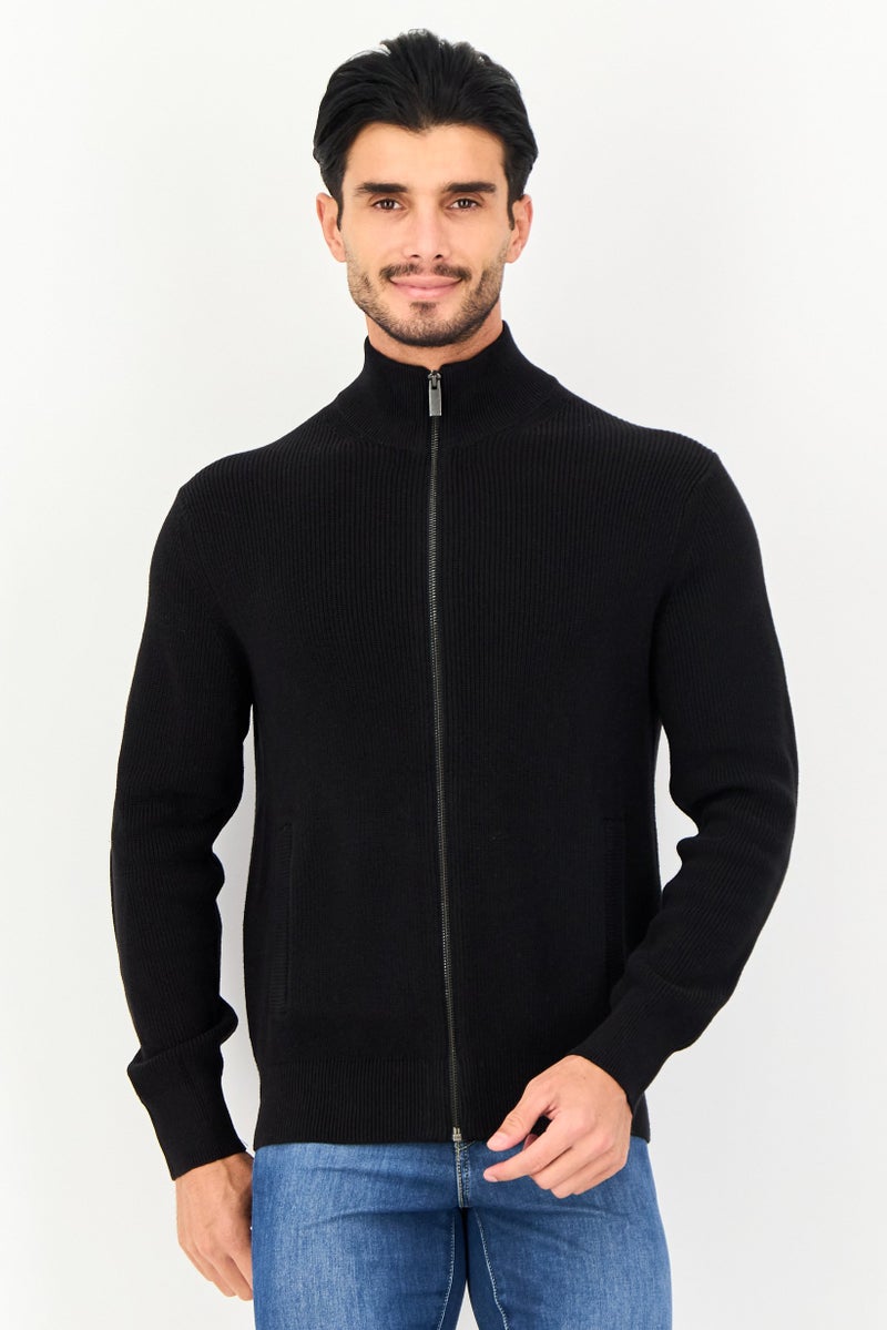 Celio Men High Neck Knitted Cardigan, Black - Image 1