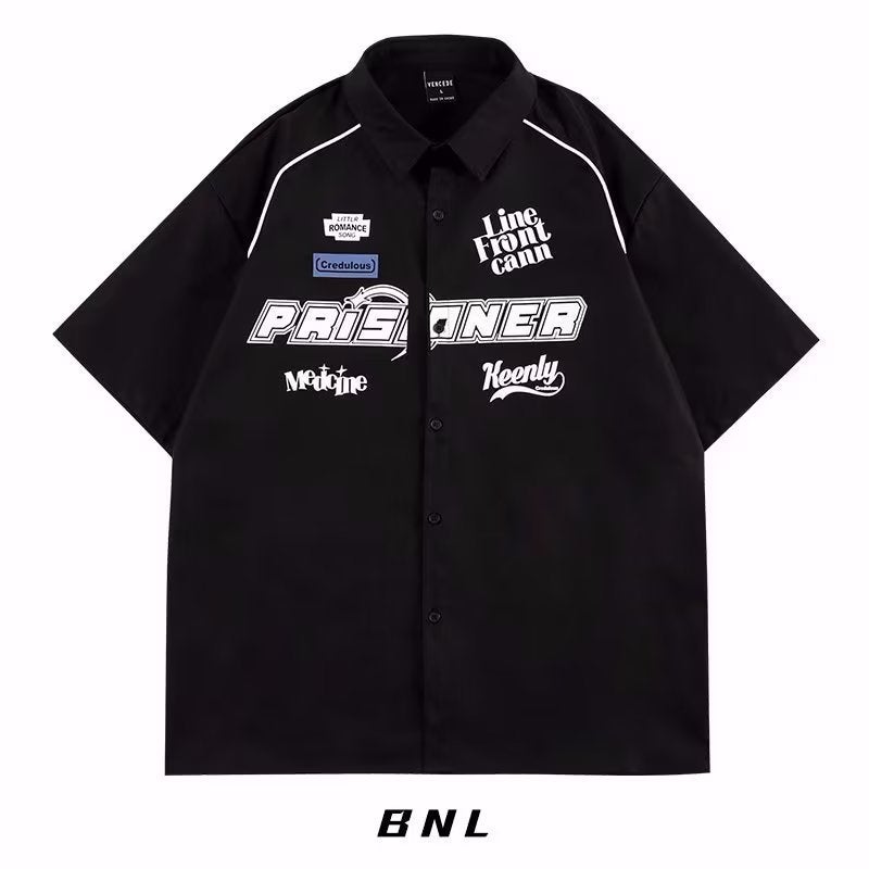 in stock American Retro Racing Car Suit Letter Short-sleeved Shirt Summer Thin Trendy Brand Loose Cardigan Jacket Black (high quality)