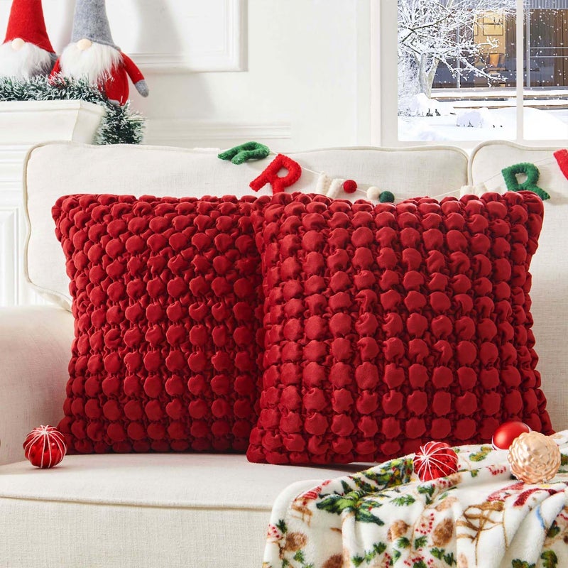 COCOPLOCEUS Set of 2 Red Throw Pillow Covers 18x18 Decorative Farmhouse Pillow Covers Velvet Square Cushion Covers Bubble Texture Pillowcase for Sofa Bed Living Room - Image 1