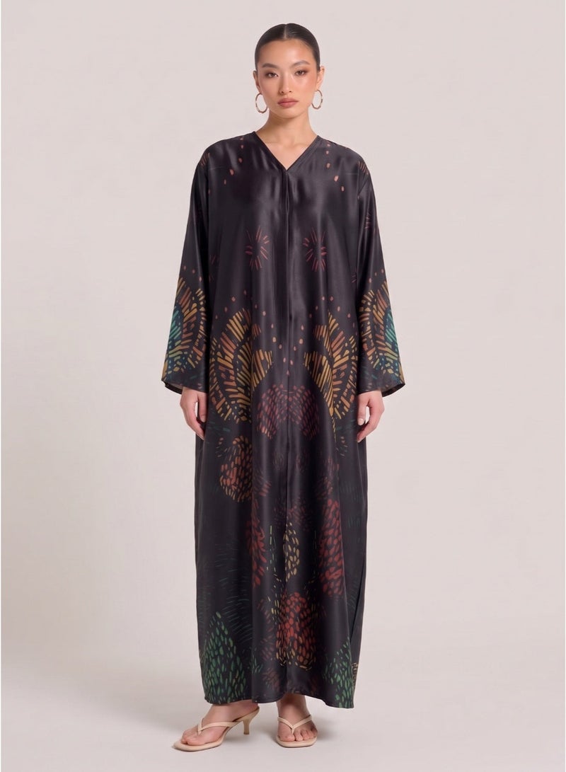 Next Abaya Luxury Symmetrical Tribal Print Silk Closed Abaya Black Multi-Color Maxi Dress - Image 1
