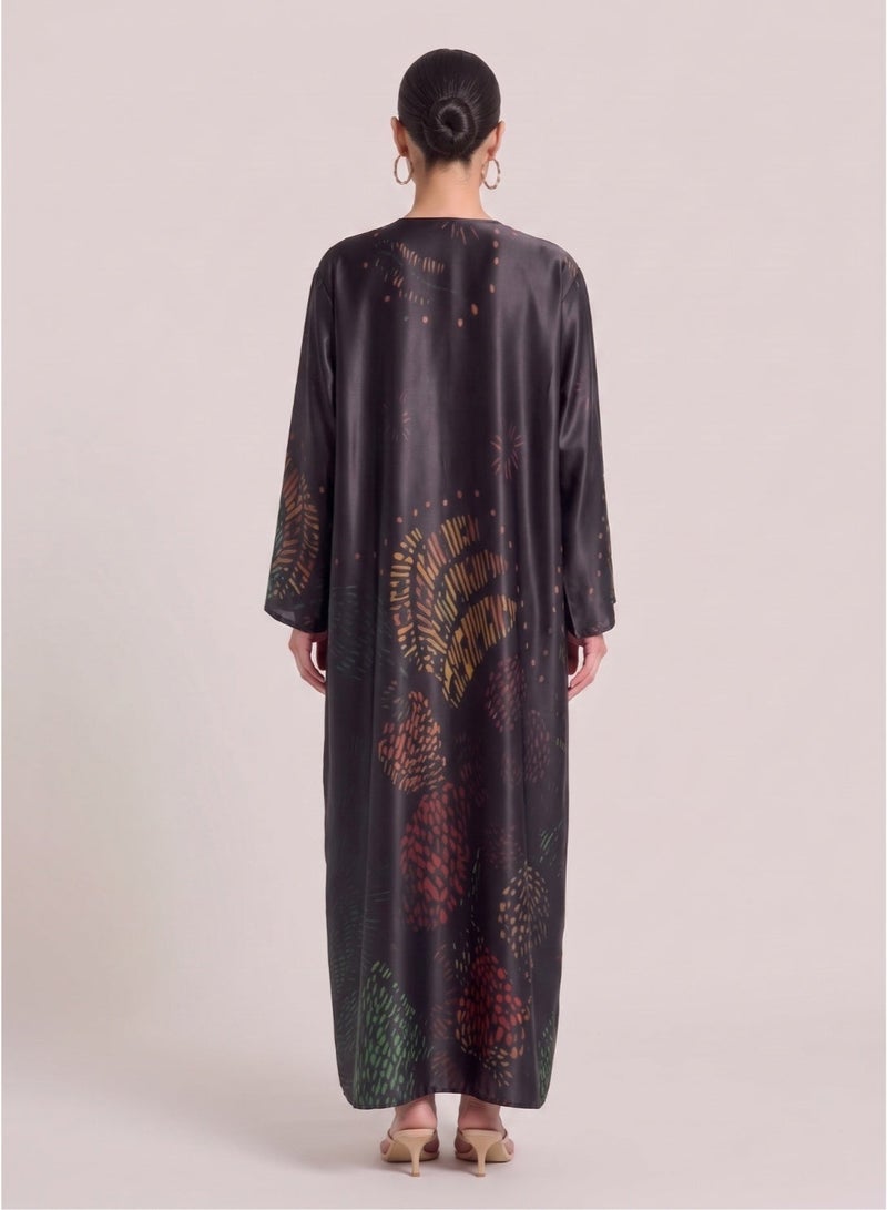 Next Abaya Luxury Symmetrical Tribal Print Silk Closed Abaya Black Multi-Color Maxi Dress - Image 2