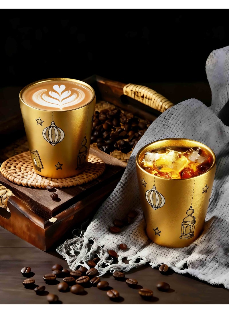 HomeNoor Set of 2 Double Wall 304 Stainless Steel Coffee Cups, Gold Celestial Lunar Star Pattern Insulated Drinking Tumblers, Stylish Decorative Cups for Hot & Cold Drinks, 175mL - Image 1