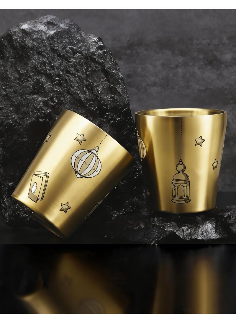 HomeNoor Set of 2 Double Wall 304 Stainless Steel Coffee Cups, Gold Celestial Lunar Star Pattern Insulated Drinking Tumblers, Stylish Decorative Cups for Hot & Cold Drinks, 175mL - Image 4