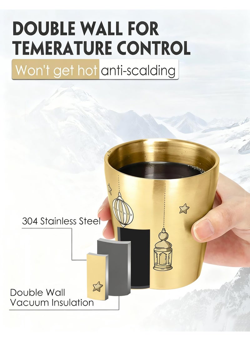 HomeNoor Set of 2 Double Wall 304 Stainless Steel Coffee Cups, Gold Celestial Lunar Star Pattern Insulated Drinking Tumblers, Stylish Decorative Cups for Hot & Cold Drinks, 175mL - Image 2