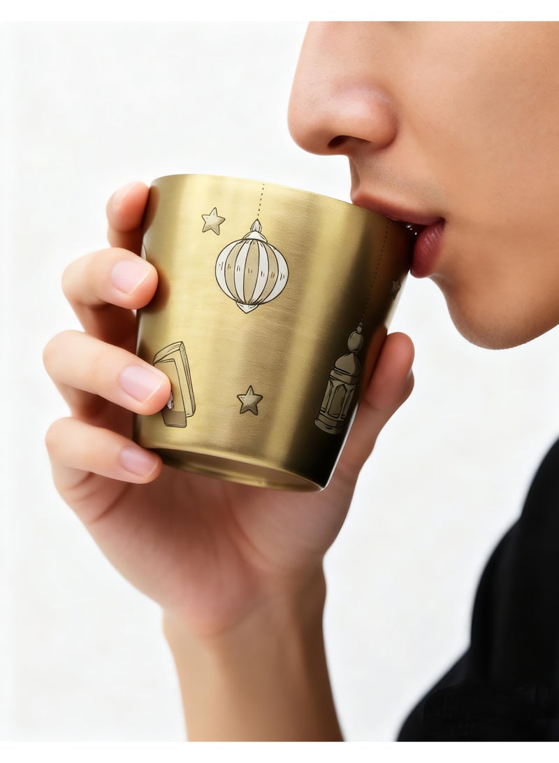 HomeNoor Set of 2 Double Wall 304 Stainless Steel Coffee Cups, Gold Celestial Lunar Star Pattern Insulated Drinking Tumblers, Stylish Decorative Cups for Hot & Cold Drinks, 175mL - Image 5