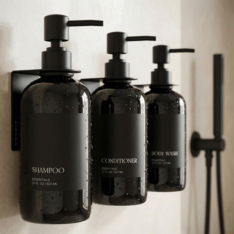 KIBAGA Stylish Shampoo and Conditioner Dispenser Set of 3 for Wall Mount - Modern Drill Free 21oz Shower Soap Bottles with Labels - Easy Refill Body Wash Dispensers for an Instant Bathroom Decor Upgrade - Image 1