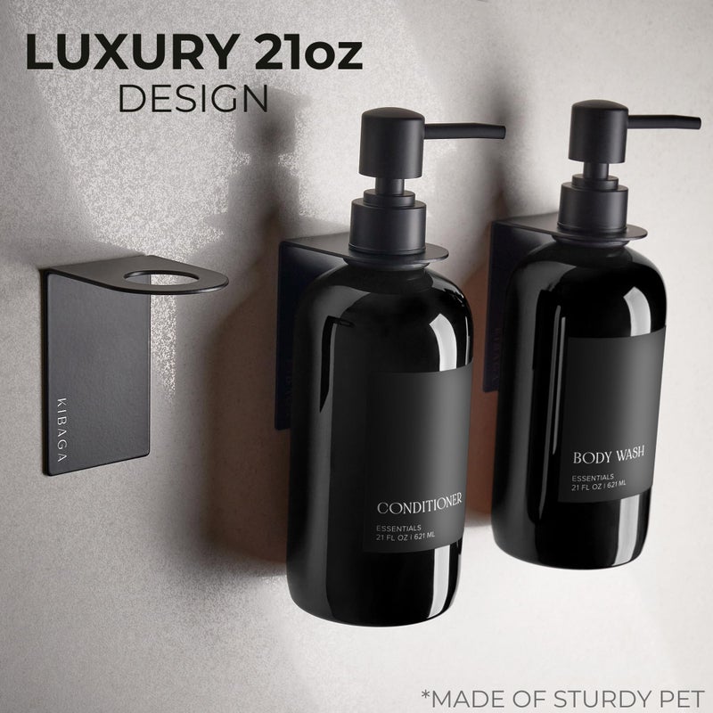 KIBAGA Stylish Shampoo and Conditioner Dispenser Set of 3 for Wall Mount - Modern Drill Free 21oz Shower Soap Bottles with Labels - Easy Refill Body Wash Dispensers for an Instant Bathroom Decor Upgrade - Image 4