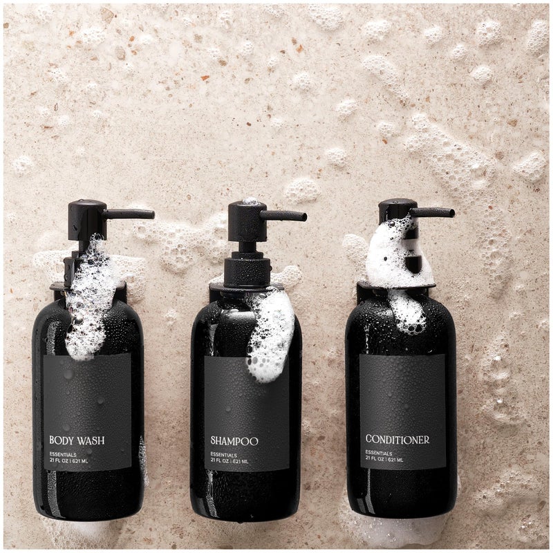 KIBAGA Stylish Shampoo and Conditioner Dispenser Set of 3 for Wall Mount - Modern Drill Free 21oz Shower Soap Bottles with Labels - Easy Refill Body Wash Dispensers for an Instant Bathroom Decor Upgrade - Image 5
