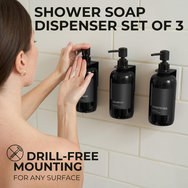 KIBAGA Stylish Shampoo and Conditioner Dispenser Set of 3 for Wall Mount - Modern Drill Free 21oz Shower Soap Bottles with Labels - Easy Refill Body Wash Dispensers for an Instant Bathroom Decor Upgrade - Image 2
