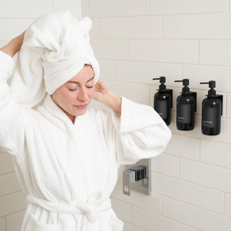 KIBAGA Stylish Shampoo and Conditioner Dispenser Set of 3 for Wall Mount - Modern Drill Free 21oz Shower Soap Bottles with Labels - Easy Refill Body Wash Dispensers for an Instant Bathroom Decor Upgrade - Image 3