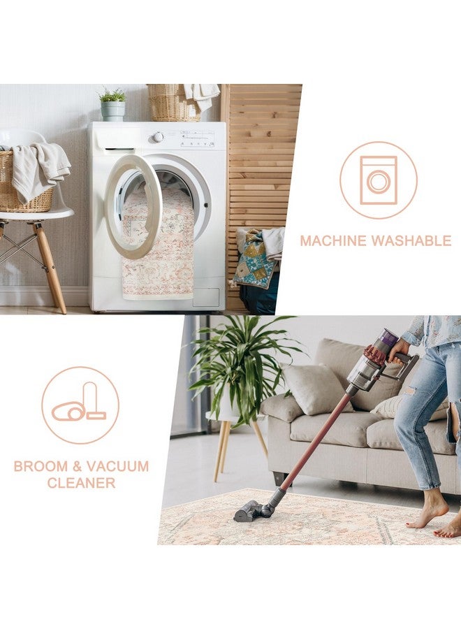 LIVEBOX سجادة منطقة وردية 4X6 - سجادة سرير زهرية شرقية عتيقة منخفضة الوبر للسماح للأطفال، سجادة عتيقة غير متساقطة، سجادة تزيينية للمطبخ ومدخل المكتب وكامبر وردي - Image 3