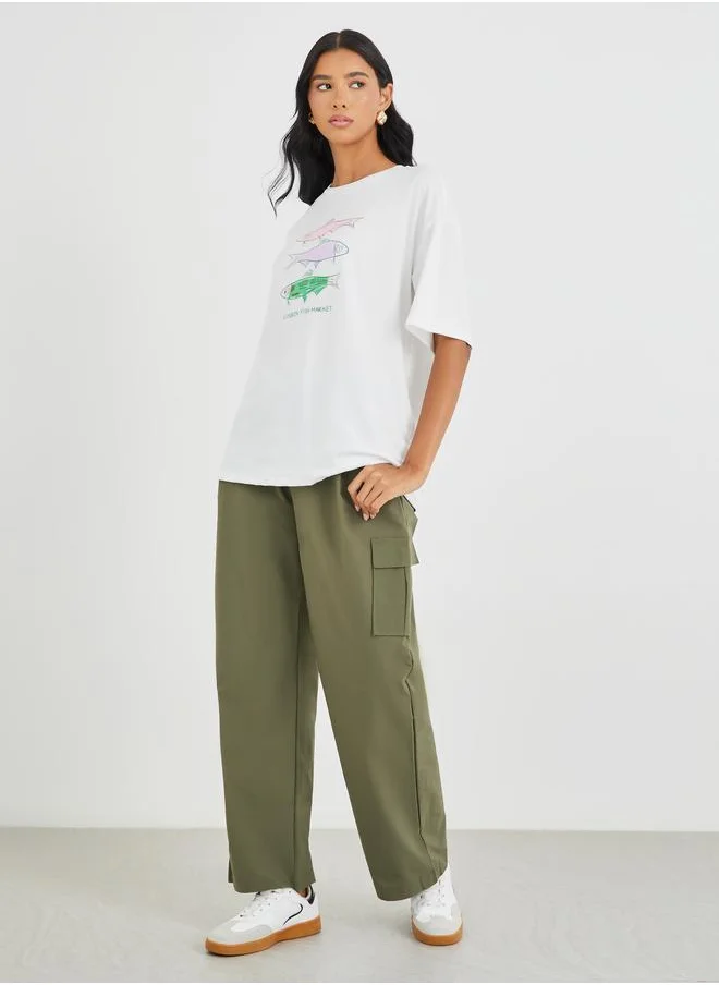 تايك تو Take Two Graphic Print Round Neck Oversized T-Shirt