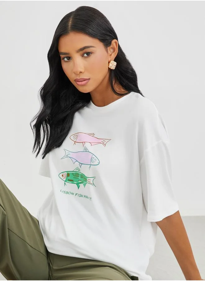 تايك تو Take Two Graphic Print Round Neck Oversized T-Shirt