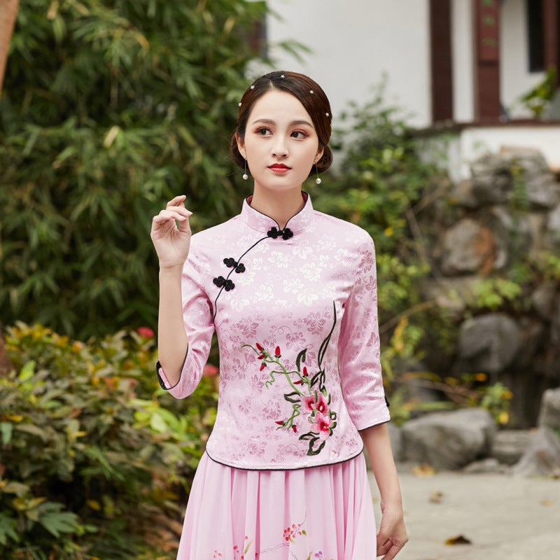 Chinese Style Han Element Ethnic Style 2023 New Embroidered Chinese Style Elegant Fresh Style Seven-Sleeve Cheongsam Top White top - Image 2