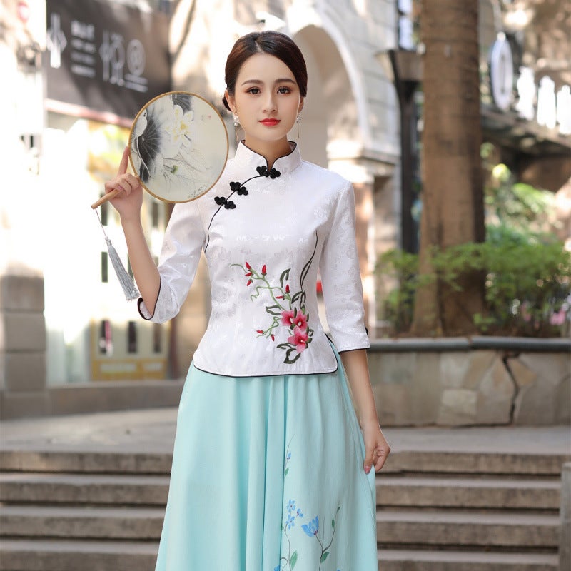 Chinese Style Han Element Ethnic Style 2023 New Embroidered Chinese Style Elegant Fresh Style Seven-Sleeve Cheongsam Top White top - Image 1