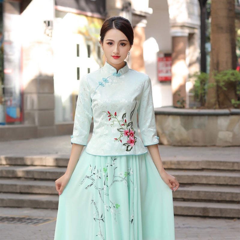 Chinese Style Han Element Ethnic Style 2023 New Embroidered Chinese Style Elegant Fresh Style Seven-Sleeve Cheongsam Top White top - Image 5