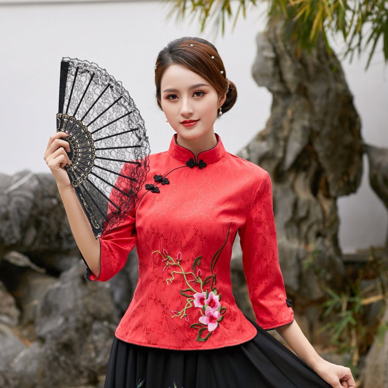 Chinese Style Han Element Ethnic Style 2023 New Embroidered Chinese Style Elegant Fresh Style Seven-Sleeve Cheongsam Top White top - Image 4