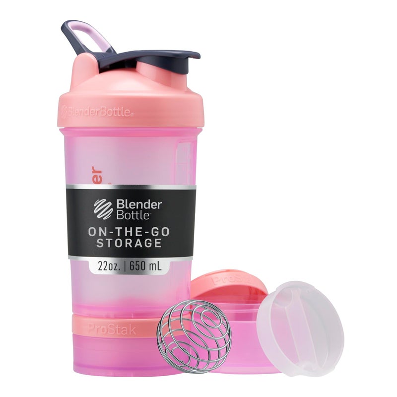 زجاجة خلط BlenderBottle مع منظم حبوب ومساحة لتخزين مسحوق البروتين نظام ProStak الكلاسيكي V2 سعة 22 أونصة وردي