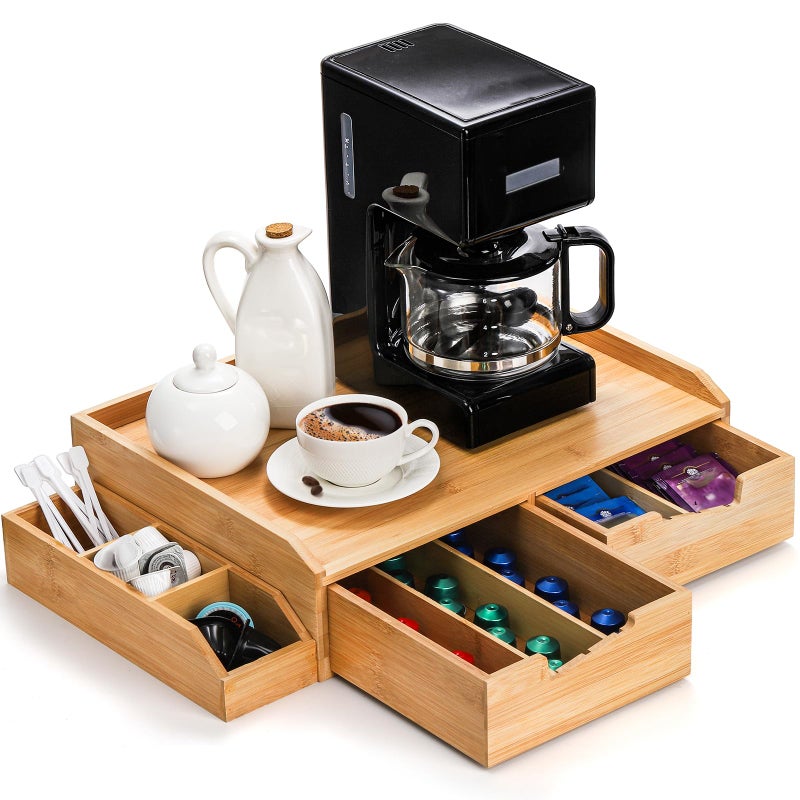 SOUJOY Bamboo Drawer Organizer for Coffee Pod, K Cup Organizer for Counter, Tea Bag Storage Organizer with Drawer and Side Storage Box for Kitchen Office Coffee Bar - Image 1