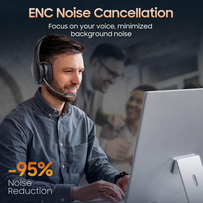 Necode Trucker Bluetooth Headset, Wireless Headset with Mic, Bluetooth Headset with Dual Noise Cancelling Microphone & Mute Button, 55Hrs Working Time PC Headset for Cell Phones, Computer, Truck Driver - Image 2