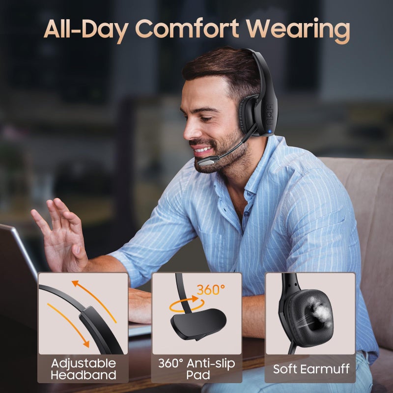 Necode Trucker Bluetooth Headset, Wireless Headset with Mic, Bluetooth Headset with Dual Noise Cancelling Microphone & Mute Button, 55Hrs Working Time PC Headset for Cell Phones, Computer, Truck Driver - Image 5