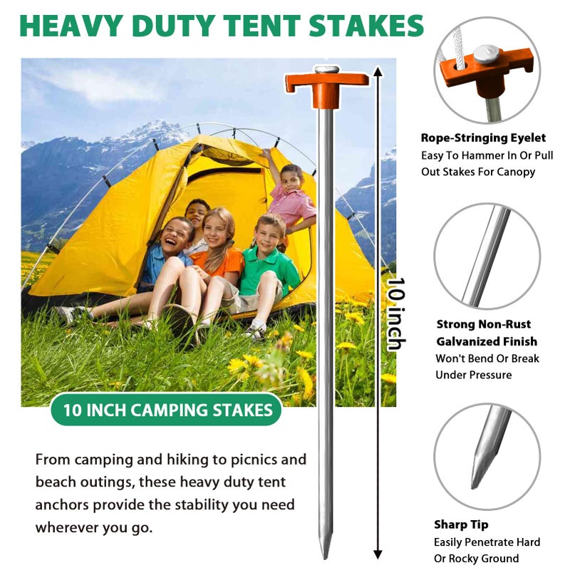 Eurmax USA Galvanized Non-Rust Camping Family Tent Pop Up Tent Stakes Canopy Anchors Heavy Duty 10pc-Pack, with 4x10ft Ropes & 1 Orange Stopper - Image 3