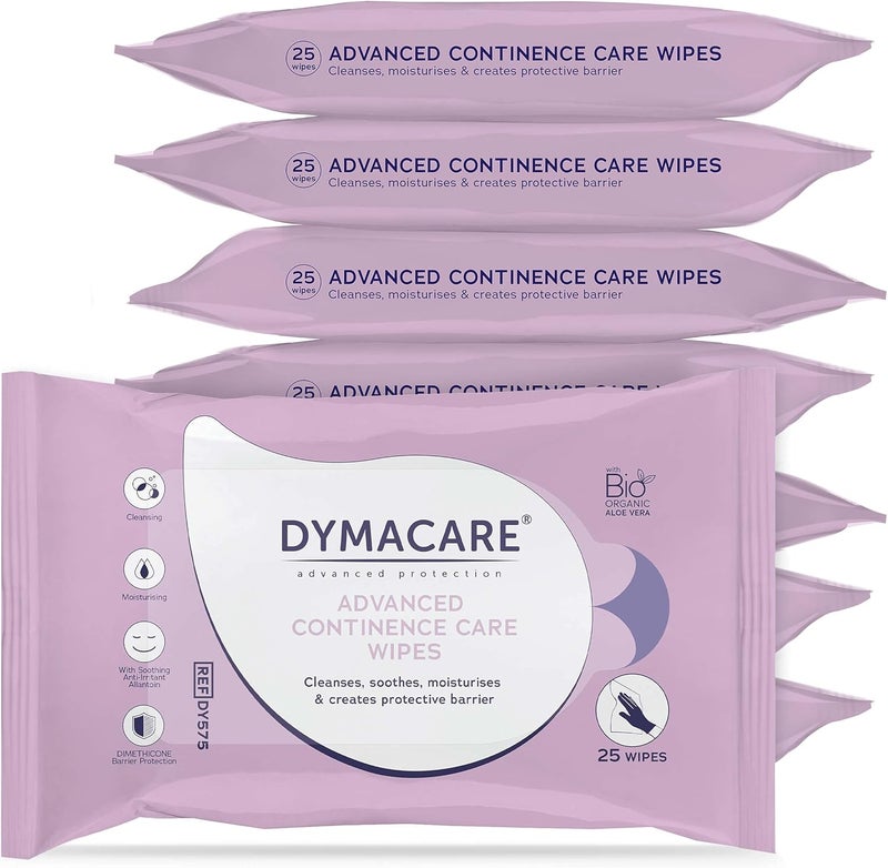 Dymacare Advanced Continence Care Wipes | Adult Premium Disposable Incontinence Skin Cleansing Wet Wipes with Barrier Cream & Aloe Vera | 8 Packs (200 Wipes Total) - Image 1