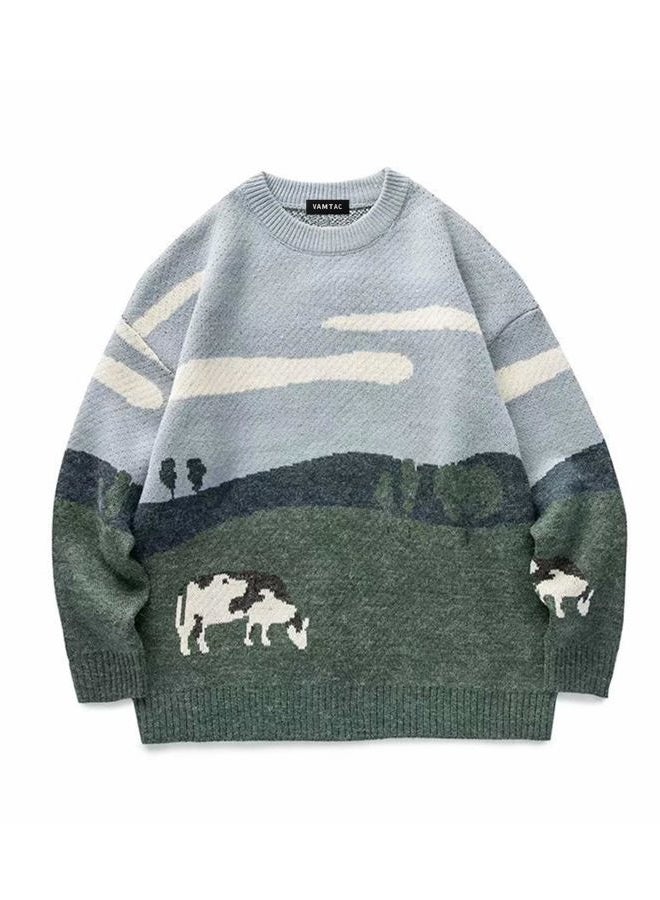 Vamtac Mens Vintage Oversize Cow Sweater Long Sleeve Round Neck Knitted Grassland Pullover Jumper Unisex Streetwear Sweaters - Image 1